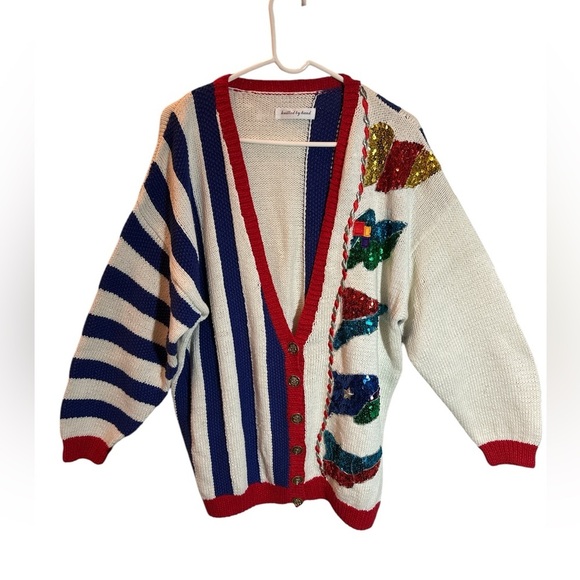 Vintage 90's Maria Christina Flag Cardigan Women's Large(?) Hand Knit Nautical - Picture 1 of 7